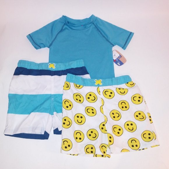 Lily & Dan Boys 3 Piece Swim Set XS Blue Yellow White Stripe Smiley Faces Rash G - Picture 2 of 5